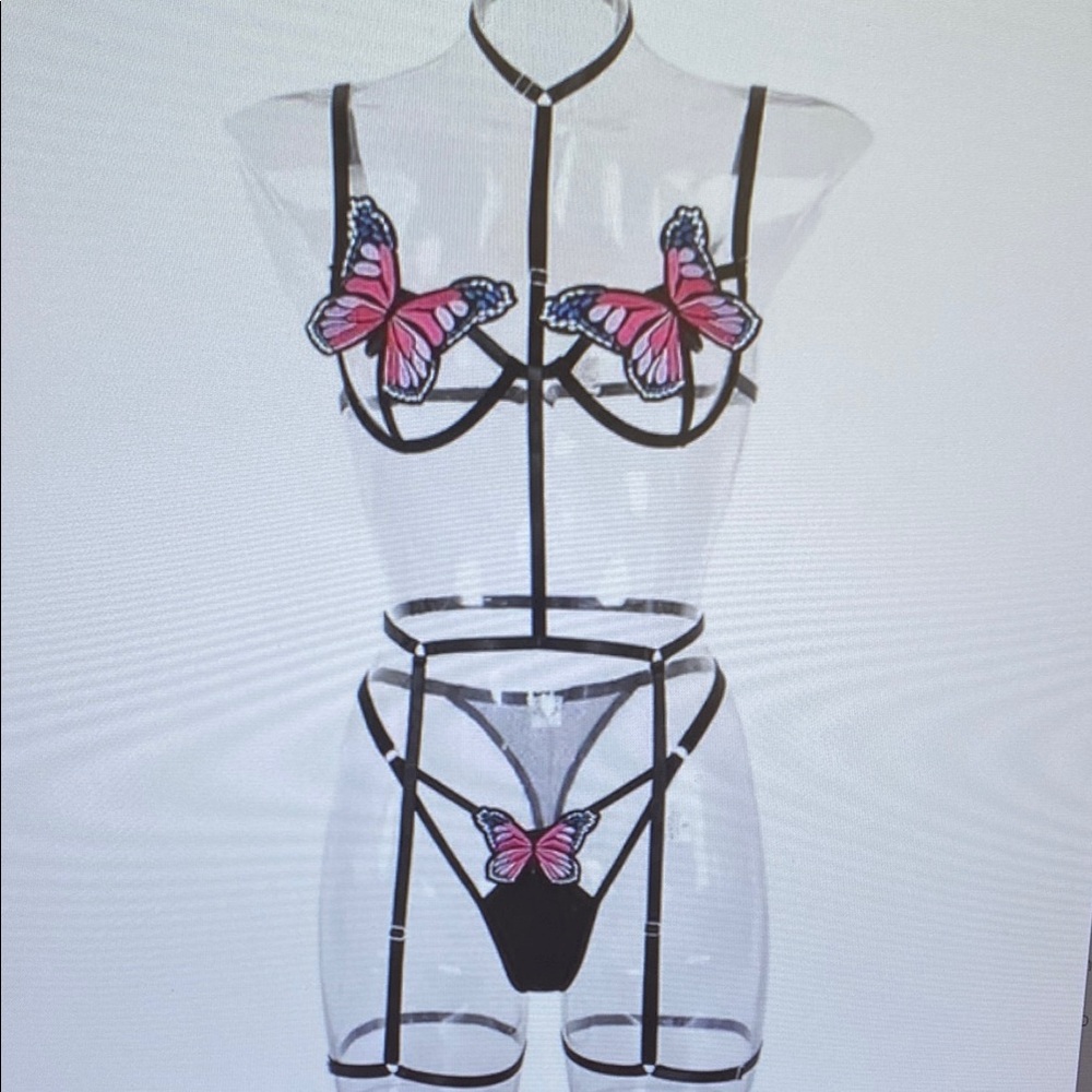Butterfly Embroidered Black Strappy Lingerie Set